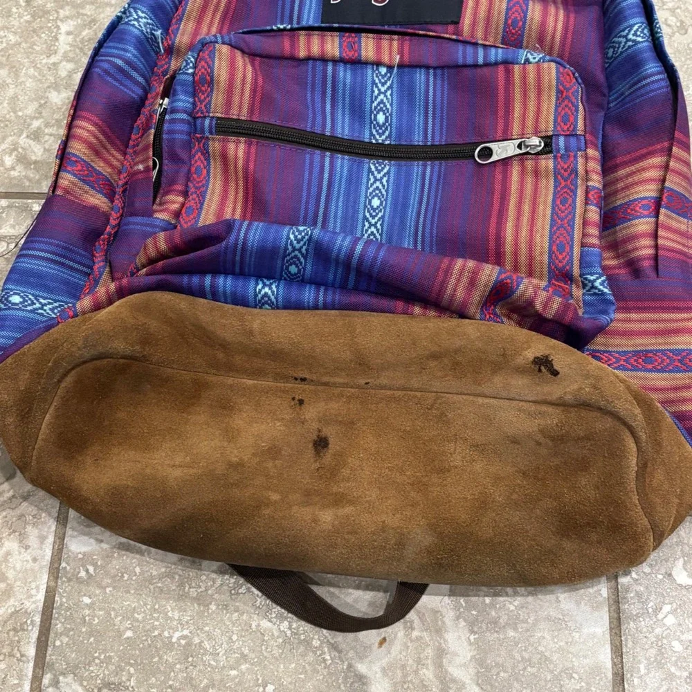JanSport Originals Backpack Southwestern Stripe Canvas Suede Bottom Blue Purple